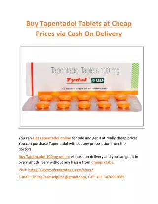 Buy Tapentadol tablets at Cheap Prices via Cash On Delivery