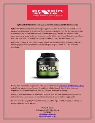 Optimum Nutrition Serious Mass and Supplements from Biotech USA at Protein Store