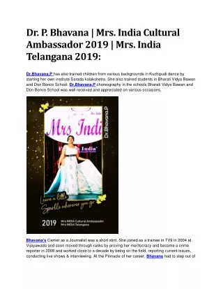 Dr. P. Bhavana | Mrs. India Cultural Ambassador 2019 | Mrs. India Telangana 2019: