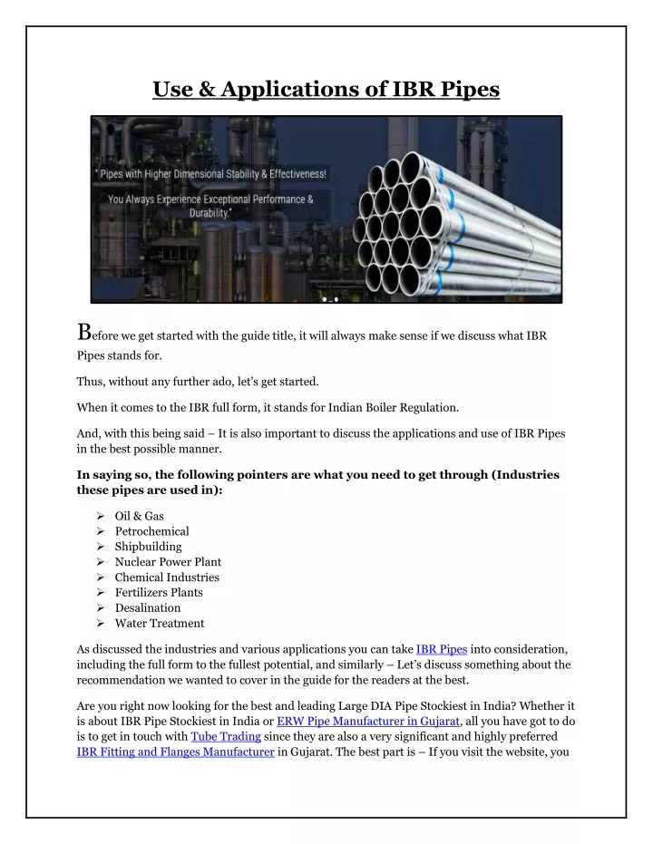 use applications of ibr pipes