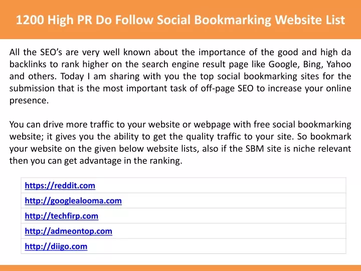 1200 high pr do follow social bookmarking website