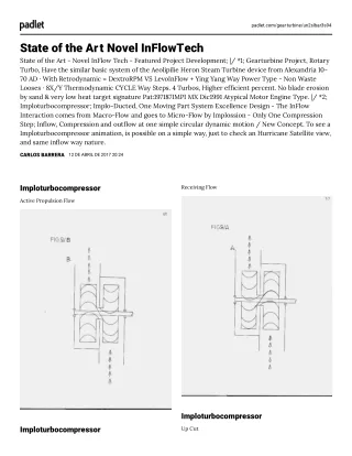 State of the Art Novel InFlow Tech: ·1-Gearturbine Reaction Turbine Rotary Turbo, ·2-Imploturbocompressor Impulse Turbin