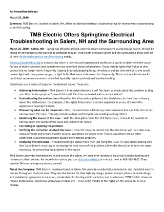 TMB Electric Offers Springtime Electrical Troubleshooting in Salem, NH and the Surrounding Area