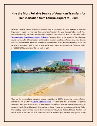 Hire The Most Reliable Service Of American Transfers For Transportation From Cancun Airport To Tulum