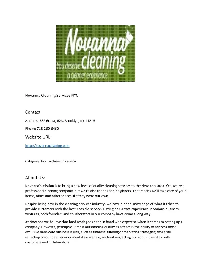novanna cleaning services nyc contact address