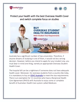 Protect your health with the best Overseas Health Cover and switch complete focus on studies