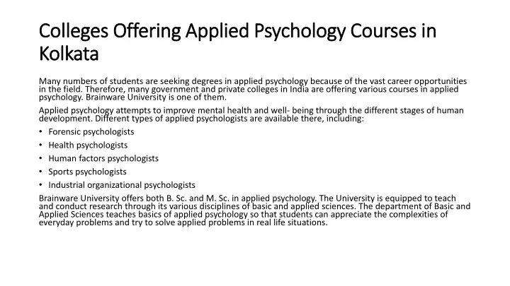 colleges offering applied psychology courses in kolkata