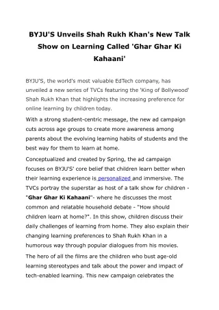 BYJU’S Unveils Shah Rukh Khan’s New Talk Show on Learning Called ‘Ghar Ghar Ki Kahaani’