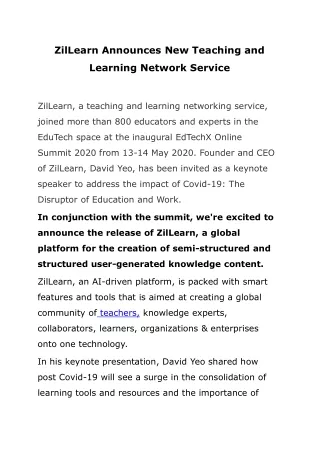 ZilLearn Announces New Teaching and Learning Network Service