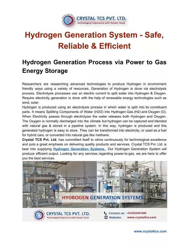 hydrogen generation system safe reliable efficient