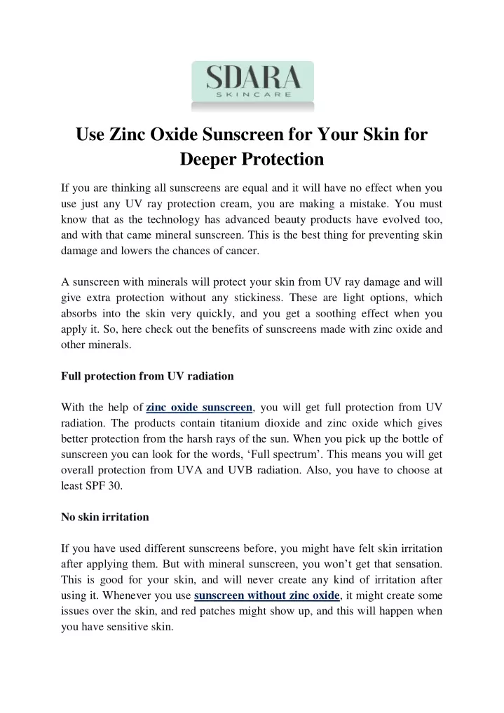 use zinc oxide sunscreen for your skin for deeper