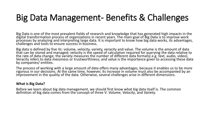 big data management benefits challenges