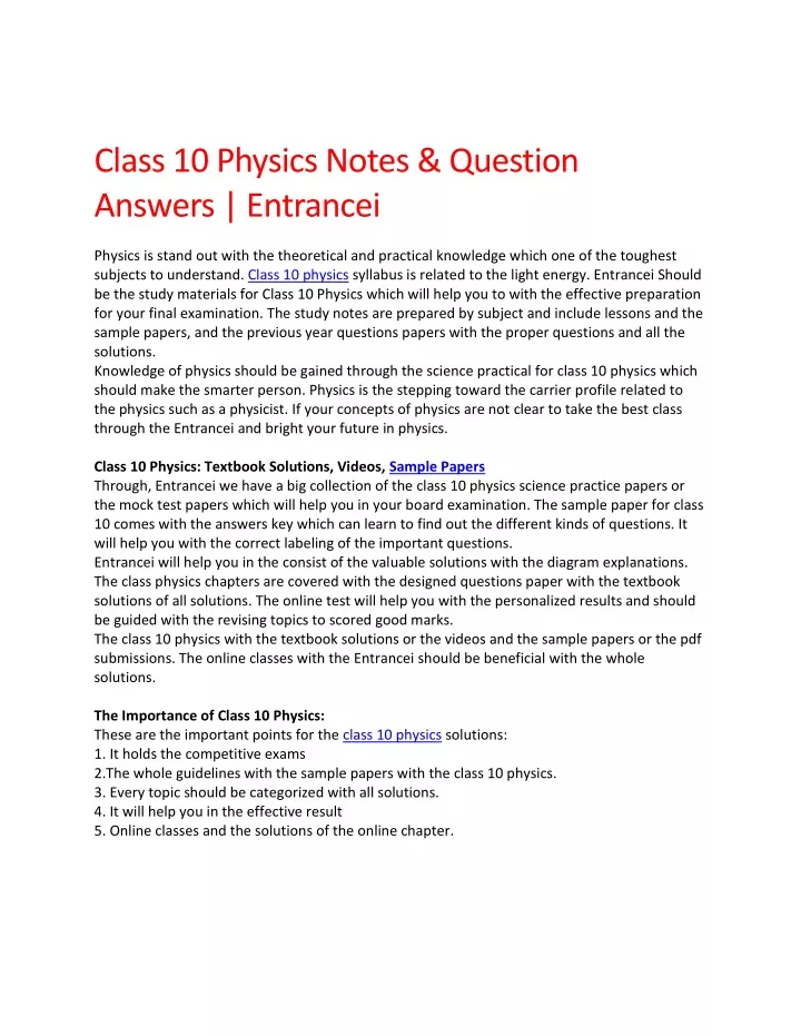 class 10 physics notes question answers entrancei