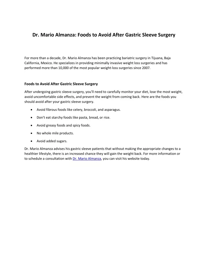 dr mario almanza foods to avoid after gastric