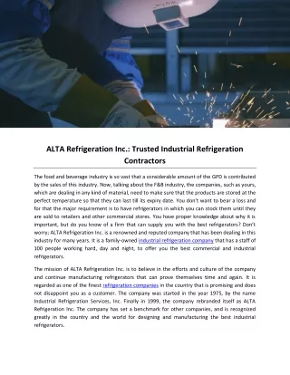 ALTA Refrigeration Inc.: Trusted Industrial Refrigeration Contractors