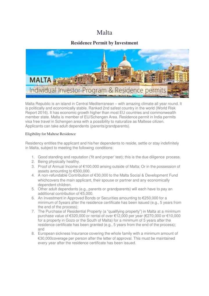 malta residence permit by investment