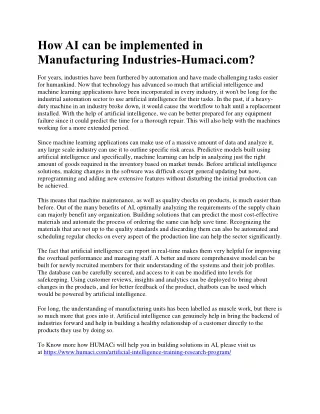 How AI can be implemented in Manufacturing Industries-Humaci.com?