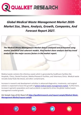 Global Medical Waste Management Market 2020- Market Size, Share, Analysis, Growth, Companies, And Forecast Report 2027