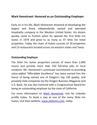 Mark Hemstreet: Honored as an Outstanding Employer