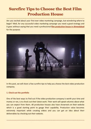 Surefire Tips to Choose the Best Film Production House