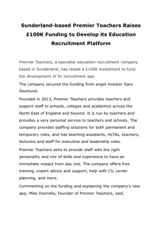 Sunderland-based Premier Teachers Raises £100K Funding to Develop its Education Recruitment Platform