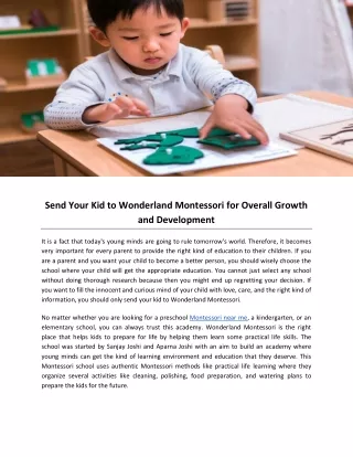 Send Your Kid to Wonderland Montessori for Overall Growth and Development