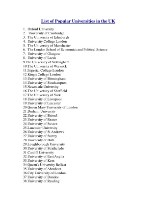 List of Popular Universities in the UK