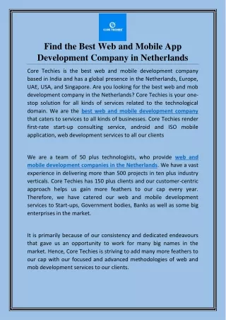 Find the Best Web and Mobile App Development Company in Netherlands | Core Techies