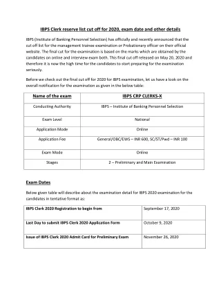 ibps clerk reserve list cut off for 2020 exam
