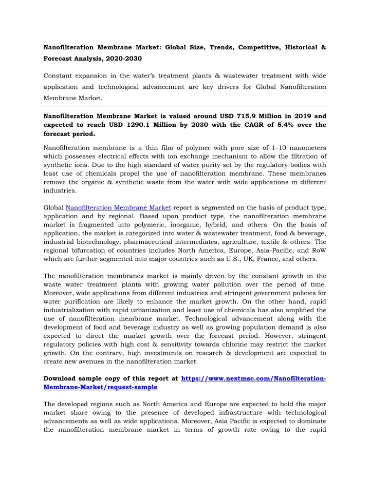 nanofilteration membrane market global size