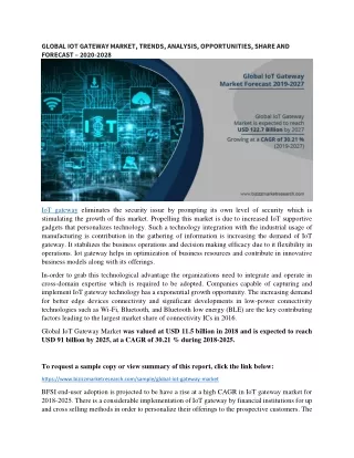 GLOBAL IOT GATEWAY MARKET, TRENDS, ANALYSIS, OPPORTUNITIES, SHARE AND FORECAST – 2020-2028