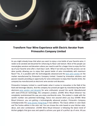 Transform Your Wine Experience with Electric Aerator from Primesohrs Company Limited