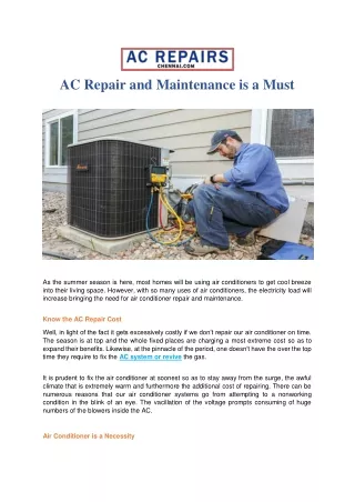 AC Repair and Maintenance is a Must