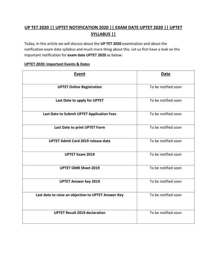 up tet 2020 uptet notification 2020 exam date