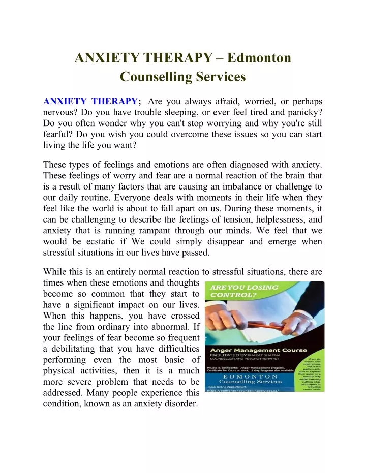 anxiety therapy edmonton counselling services