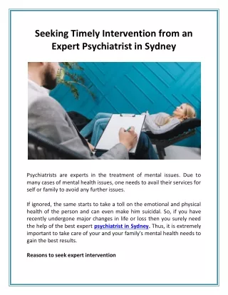Seeking Timely Intervention from an Expert Psychiatrist in Sydney