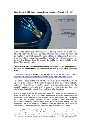 Global Fiber Optic Cable Market, Industry Trends, Estimation & Forecast, 2019 – 2027