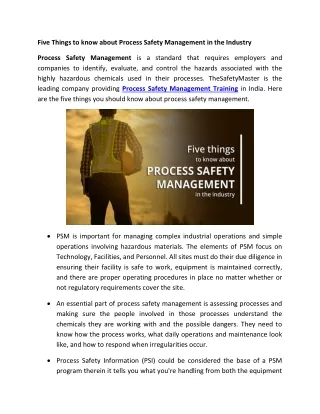 Five Things to know about Process Safety Management in the Industry