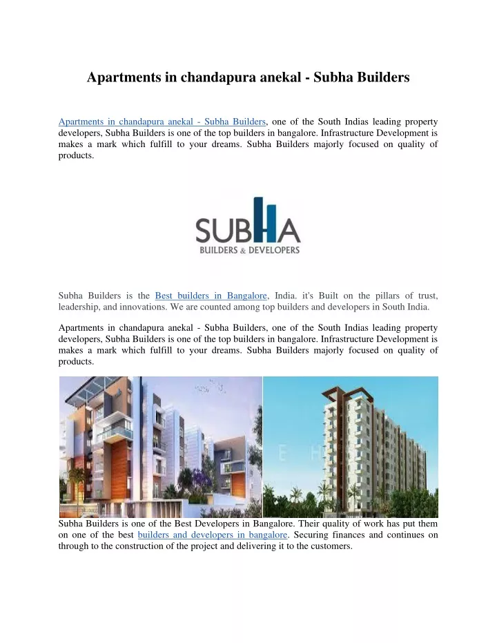 apartments in chandapura anekal subha builders