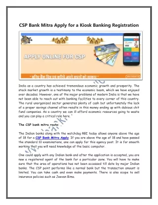 CSP Bank Mitra Apply for a Kiosk Banking Registration