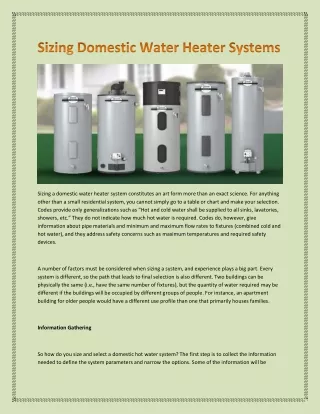sizing a domestic water heater system constitutes