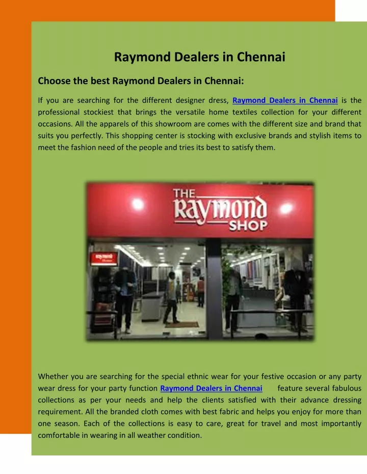 raymond dealers in chennai