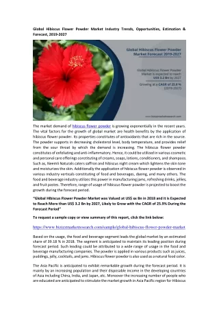 Global Hibiscus Flower Powder Market Industry Trends, Opportunities, Estimation & Forecast, 2019-2027