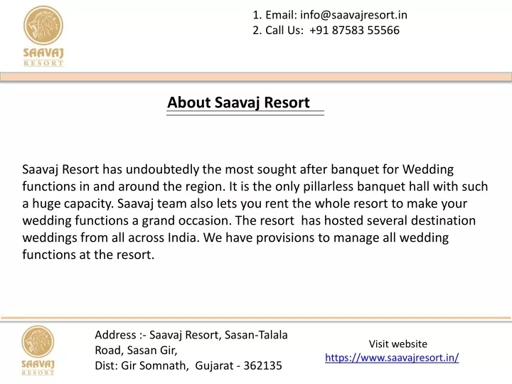 email info@saavajresort in call us 91 87583 55566