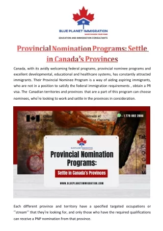 Provincial Nomination Programs Settle in Canada Provinces
