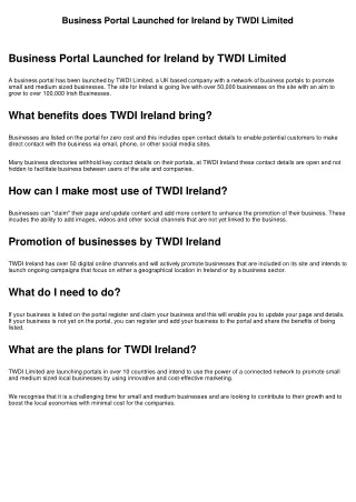 Business Portal Launched for Ireland by TWDI Limited