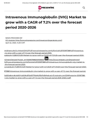 2020 Intravenous Immunoglobulin (IVIG) Market Size, Share and Trend Analysis Report to 2026- Growth Opportunities and Co