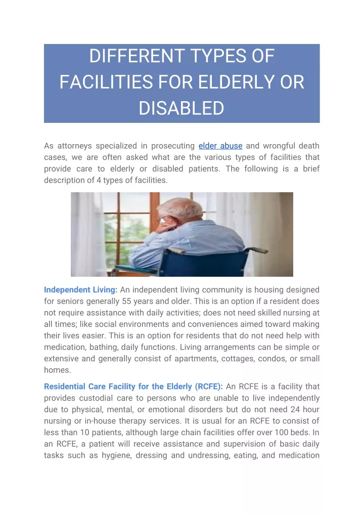 different types of facilities for elderly