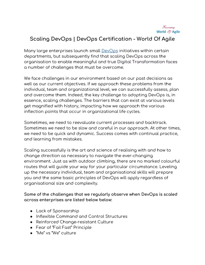 scaling devops devops certification world of agile