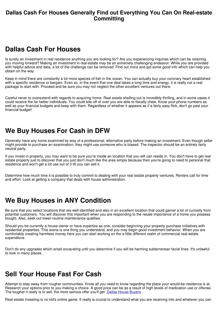 dallas cash for houses generally find